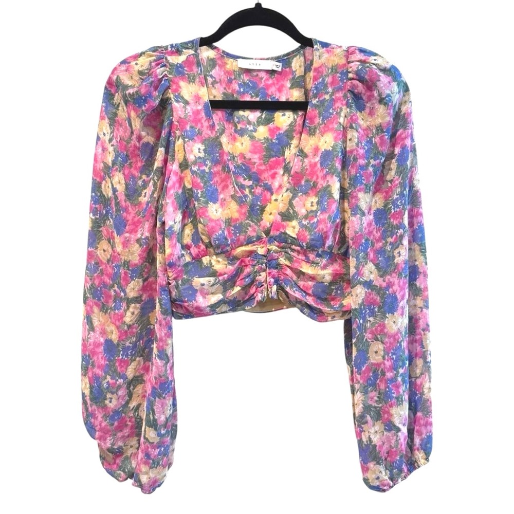 Lush‎ Crop Top Pink Blue Floral Boho Ruched Long Sleeve Womens Size S